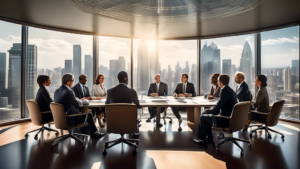 An intricate, detailed illustration of a diverse group of business professionals sitting around a large, modern conference table, discussing documents and interacting with each other, with the view of