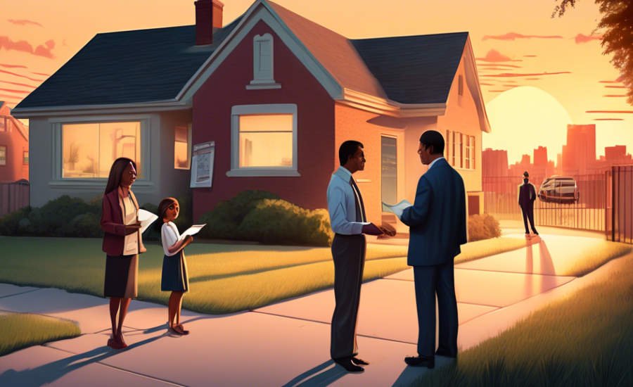 An illustration of a small, worried family standing outside their home while a confident lawyer shows them documents, with bank buildings in the background and text bubbles explaining legal terms, set