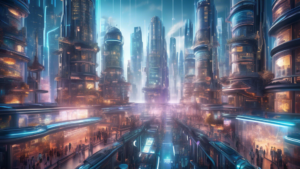 An intricate digital artwork depicting a futuristic city where robotic arms and holographic displays are used by people of diverse ethnicities to digitally sign and manage glowing, ethereal smart cont