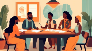 Uma ilustração detalhada de uma mesa de reunião, com pessoas de diversas etnias, vestindo trajes formais, examinando documentos e discutindo animadamente sobre um contrato, em um escritório moderno e