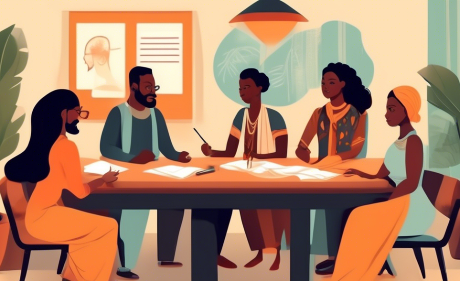 Uma ilustração detalhada de uma mesa de reunião, com pessoas de diversas etnias, vestindo trajes formais, examinando documentos e discutindo animadamente sobre um contrato, em um escritório moderno e