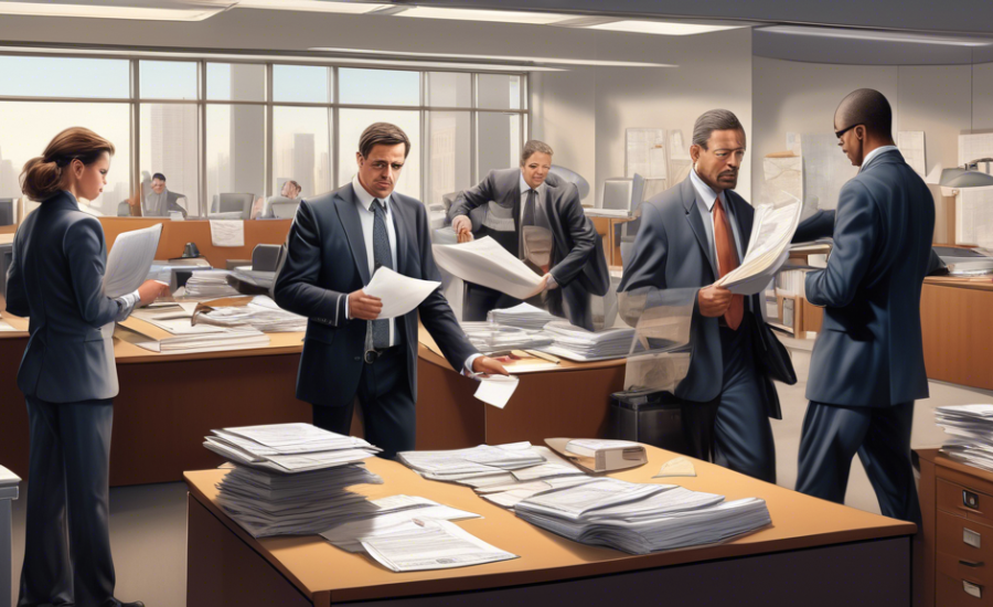 Detailed illustration of legal professionals conducting a non-judicial search and seizure of movable assets in a modern office setting, highlighting the critical paperwork and legal documents involved