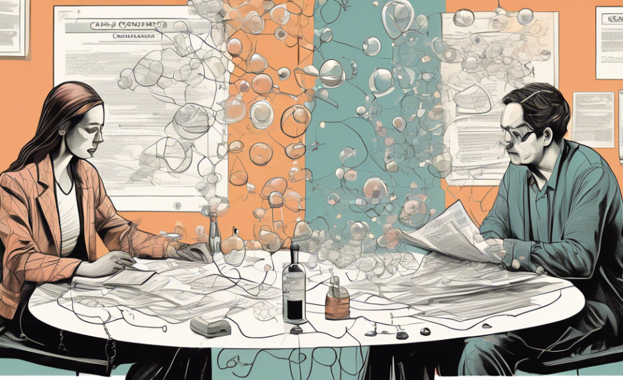 Detailed illustration depicting two people sitting at a table, discussing a document, with one side of the table showing a cluttered, chaotic scene representing 'causal contracts' and the other side n