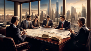 An intricate digital artwork depicting a team of lawyers and clients analyzing and discussing a complex bank contract in an office filled with legal books and documents, with a backdrop of a large cit