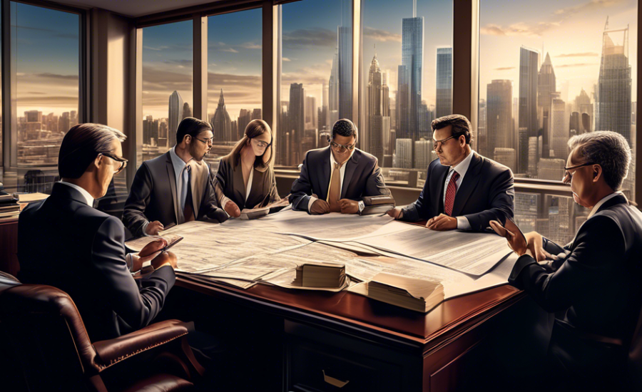 An intricate digital artwork depicting a team of lawyers and clients analyzing and discussing a complex bank contract in an office filled with legal books and documents, with a backdrop of a large cit