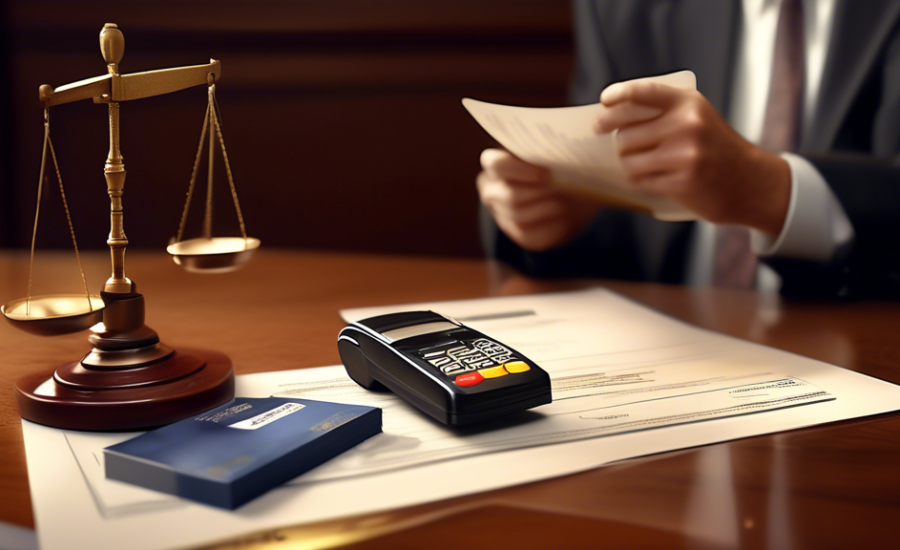 An animated scale balancing a credit card and a set of legal documents, with a concerned consumer studying the details, in a courtroom setting, symbolizing the fight against abusive clauses in credit