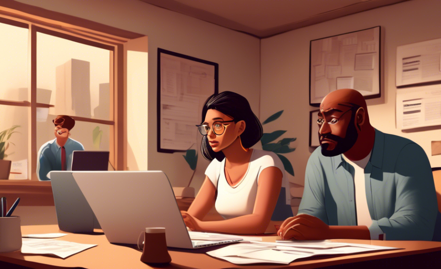 An illustration of a worried person sitting at a desk, surrounded by bank statements and a laptop, with a friendly bank representative assisting them over a video call, in a comforting and organized h