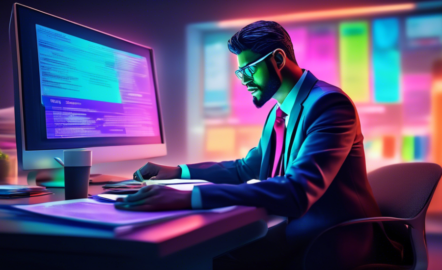 An animated character in business attire sitting at a modern desk covered in colorful folders and documents, interacting with a glowing, futuristic computer screen displaying various types of bank doc