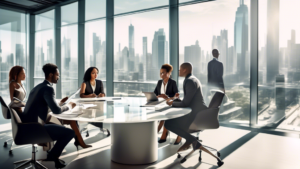 A bustling corporate office scene with diverse business professionals (different races and genders) engaged in a strategic meeting around a large glass table, discussing holding structures and contrac
