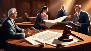 An illustration of a broken contract with abstract symbols of justice like a gavel and scales, in a courtroom setting, with two people, a lawyer and a client, discussing documents, in a style that mix