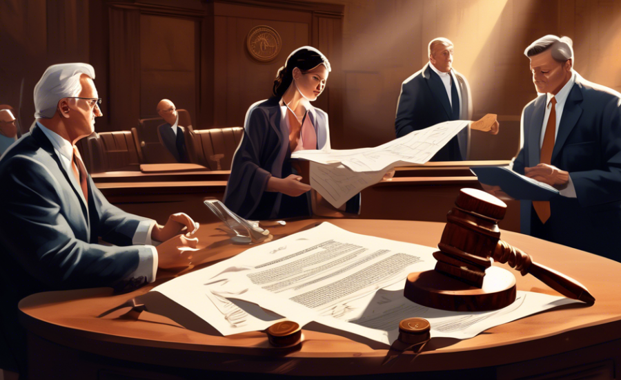 An illustration of a broken contract with abstract symbols of justice like a gavel and scales, in a courtroom setting, with two people, a lawyer and a client, discussing documents, in a style that mix
