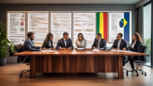 An elegant office setting where a diverse group of legal professionals are discussing and reviewing large documents labeled 'LGPD Compliance' on a polished wooden table, with digital screens displayin