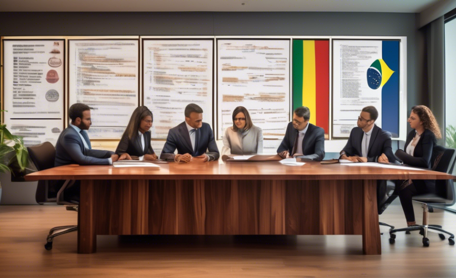 An elegant office setting where a diverse group of legal professionals are discussing and reviewing large documents labeled 'LGPD Compliance' on a polished wooden table, with digital screens displayin