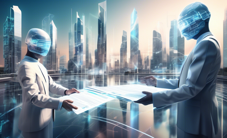 Digital landscape of a futuristic city in the metaverse, overlaid with holographic images of legal documents and virtual handshakes, symbolizing new opportunities and challenges in contracts.