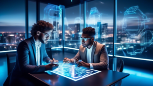 Two young entrepreneurs brainstorming over a holographic digital contract interface in a modern, sleek startup office space, with visible futuristic gadgets and a vivid cityscape in the background.