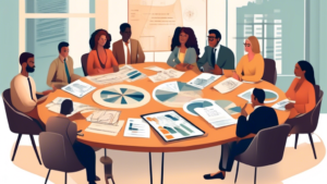 An illustrated guidebook cover showing a diverse group of people sitting at a round table, discussing various charts and tools for debt management, with a title 'Superendividamento: Estratégias para G