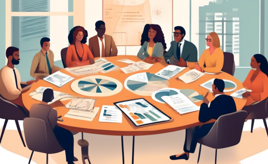 An illustrated guidebook cover showing a diverse group of people sitting at a round table, discussing various charts and tools for debt management, with a title 'Superendividamento: Estratégias para G