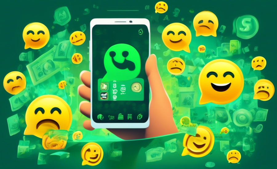 An illustration of a smartphone screen displaying a WhatsApp conversation between a debt collector and a debtor with emojis representing money and a clock, all within a digital landscape symbolized by