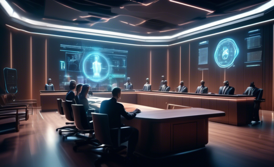 An ultra-modern courtroom featuring advanced AI technology seamlessly integrated into judicial proceedings, with diverse judges and lawyers interacting with holographic displays and robotic assistants