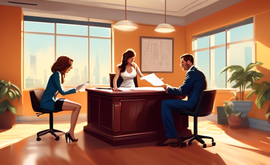 An illustrated guide showing a couple amicably signing divorce papers in a notary office, with a friendly notary public assisting them, in a bright and modern setting.