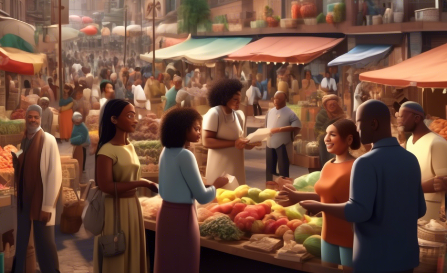 An animated image of a busy marketplace where diverse people of different ethnicities are engaging in buying and selling various goods, with visible contracts and handshakes illustrating formal agreem