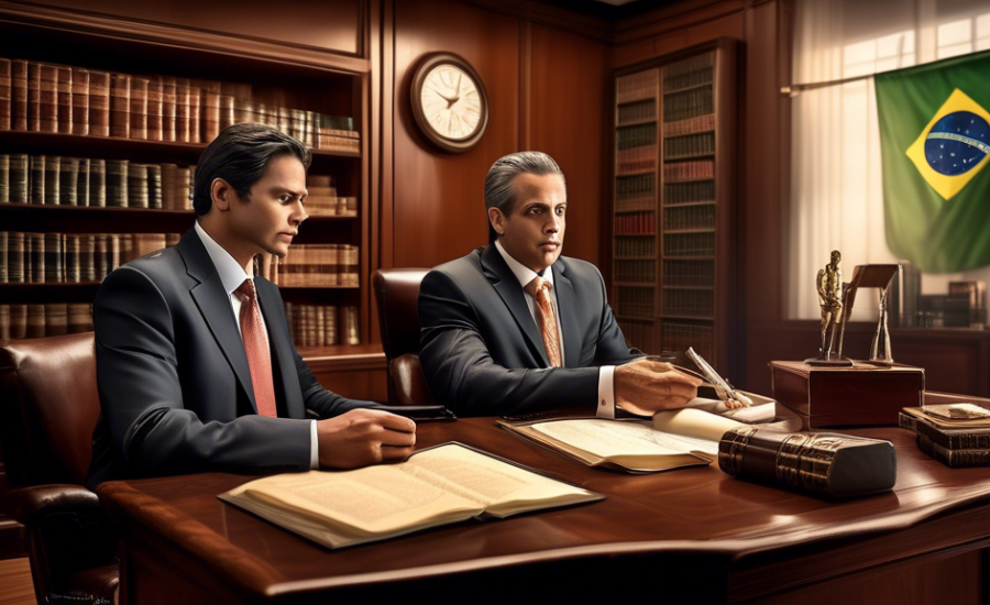 An intricate office setting featuring a professional lawyer and a client discussing documents related to legal collateral in a traditional Brazilian law office environment, highlighting legal books, a