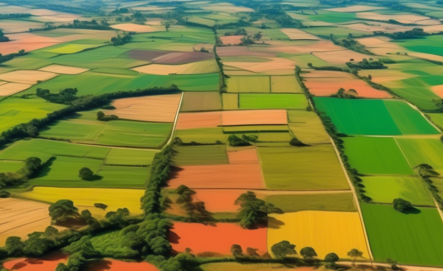 An aerial view of a vibrant, organized rural landscape in Brazil, showcasing diverse farmland plots with clear boundaries and registration markers, illustrating the concept of successful land regulari