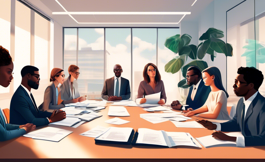 An illustration of a diverse group of people engaged in a discussion around a large table, filled with legal documents and books, in a modern, bright office setting. Each person displays a thoughtful