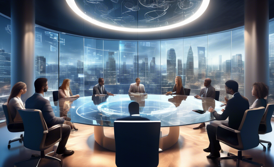 An intricate digital artwork depicting a round table discussion among diverse professionals in a modern, glass-walled conference room. Each person is viewing documents and digital screens, actively en