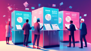 An illustration of a modern election scene in 2024, featuring political candidates submitting updated financial reports, digital voting booths, and an info